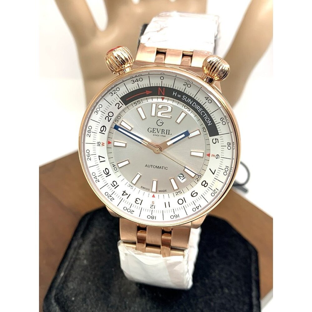 Gevril Men's Watch 48564 Swiss Automatic Wallabout Solar Compass Rose Gold 44mm